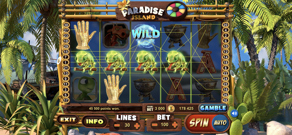 LiveGames Slots - Gameplay screen of Paradise Island slot machine in LiveGames Slots showing a win on a tropical theme