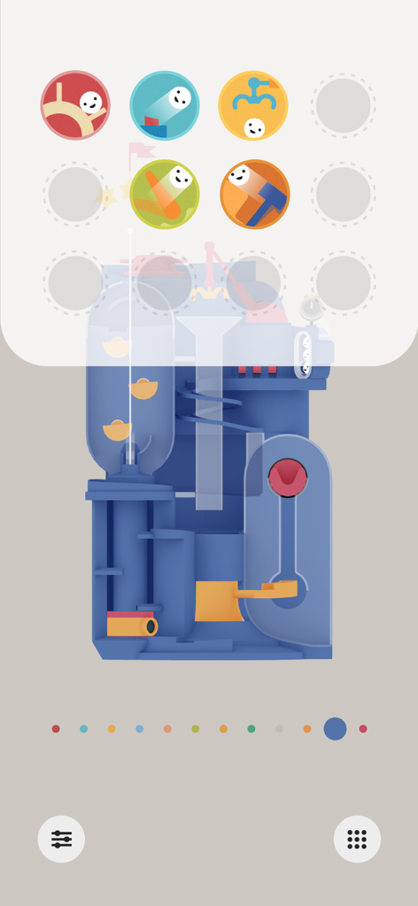 Automatoys - A blue mechanical toy obstacle course with circular level progress icons in the Automatoys game