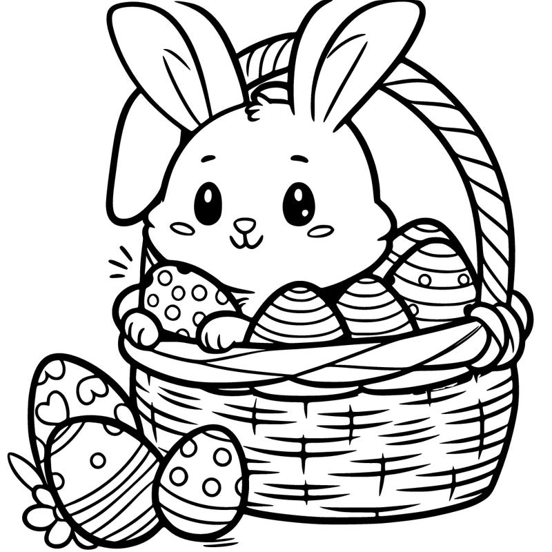 bunny in basket with easter eggs
