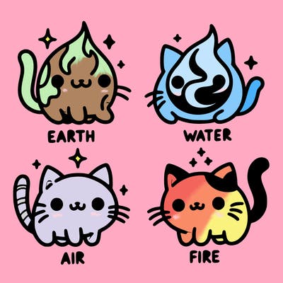 4 cats that represent the different elements, earth, water, air, and fire
