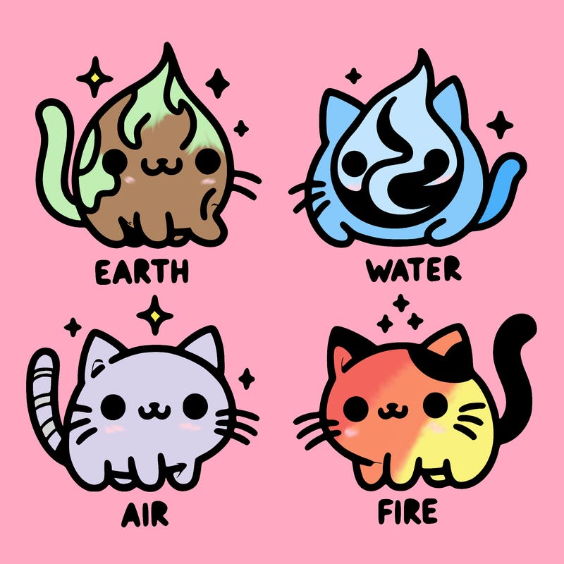 4 cats that represent the different elements, earth, water, air, and fire