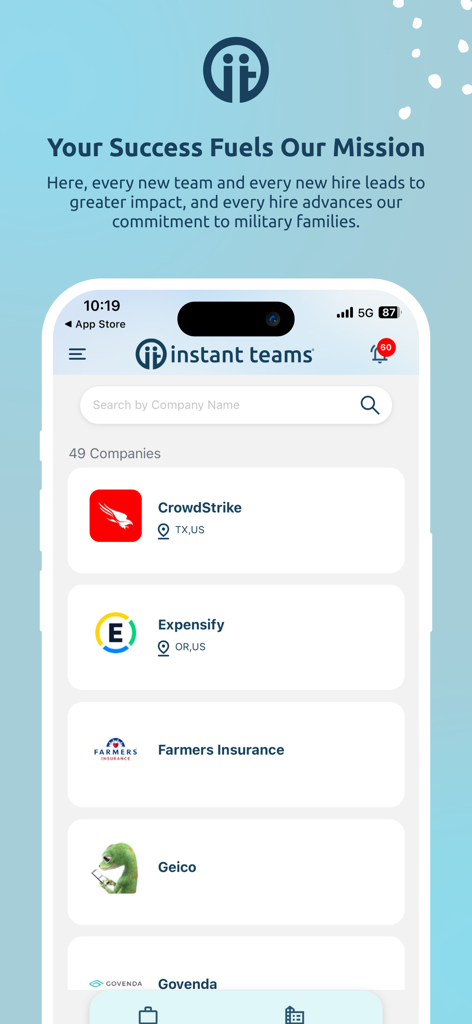 Instant Teams Job App - Instant Teams mobile app displaying a list of employer partners for military spouses