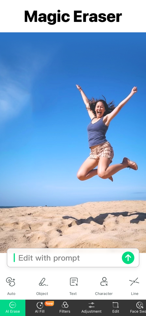 Object Removal AI Retouch - Screenshot of Object Removal AI Retouch app showing the Magic Eraser tool with a woman jumping on a beach