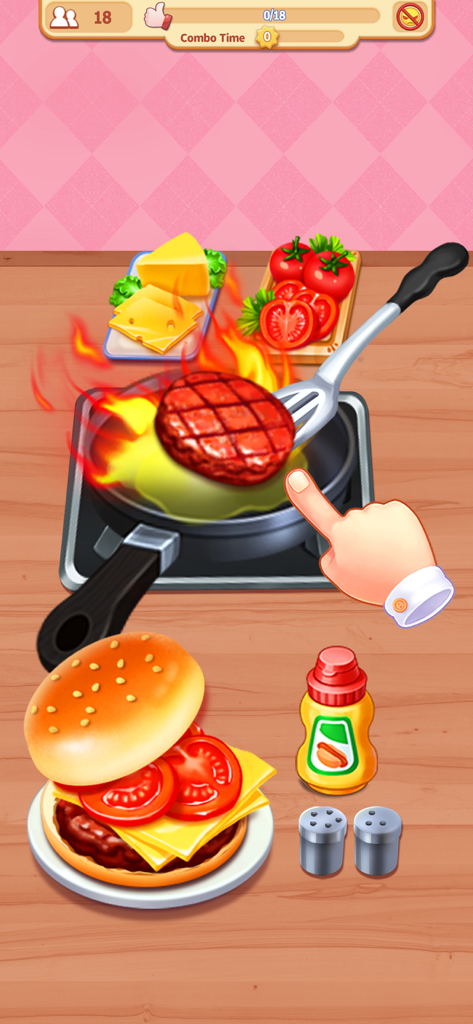 My Restaurant: Cooking Game - Una mano volteando una hamburguesa en una sartén con ingredientes frescos en Mi Restaurante Juego de Cocina