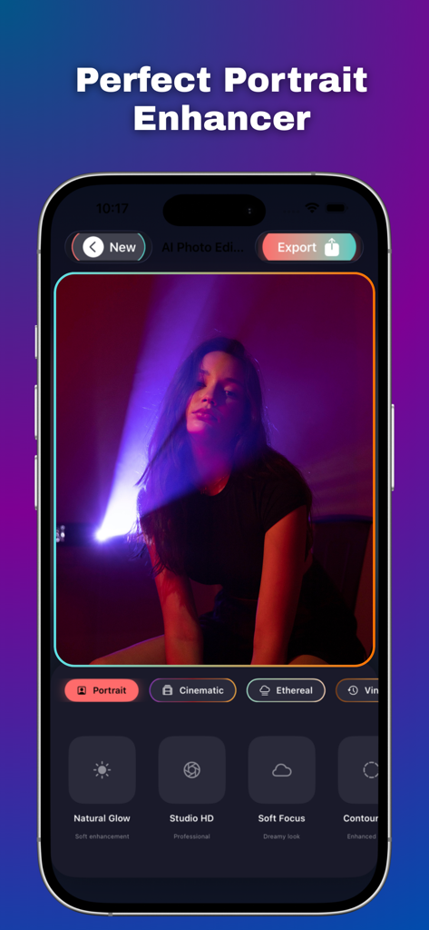 AI Photo Editor+++ - AI Photo Editor app interface showing portrait enhancement and cinematic filters