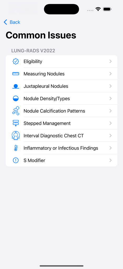 Lung Cancer Screening Guide - Common issues menu showing categories like eligibility and nodule types for Lung-RADS v2022 guidelines.
