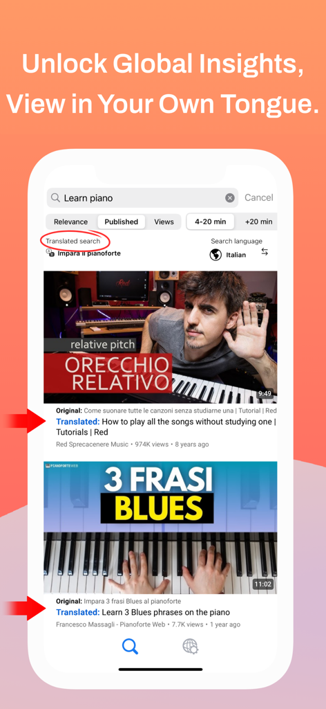 FyDub - YT Video Translator - Captura de tela do aplicativo FyDub mostrando resultados de pesquisa do YouTube com títulos traduzidos de italiano para inglês