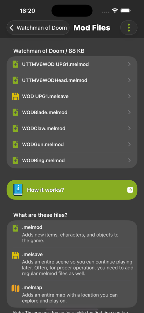 Ragdoll Mods: Guns and Skins - melmod 및 melsave 파일 형식 설명을 포함한 Melon Sandbox용 모드 파일 목록.