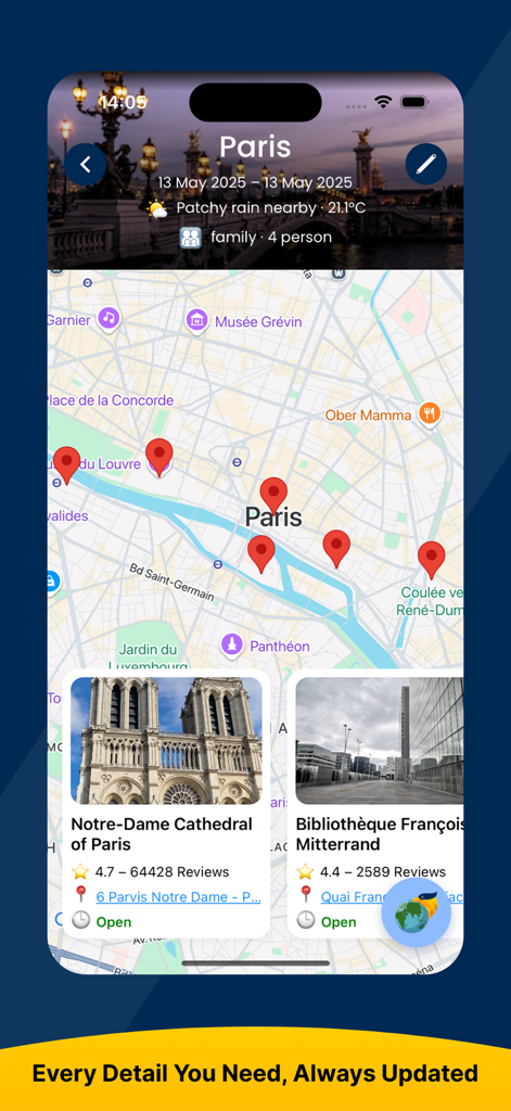 Triposo - Vacation Planner - Triposo app interface showing a Paris travel itinerary with an interactive map, live weather updates, and details for attractions like Notre Dame.