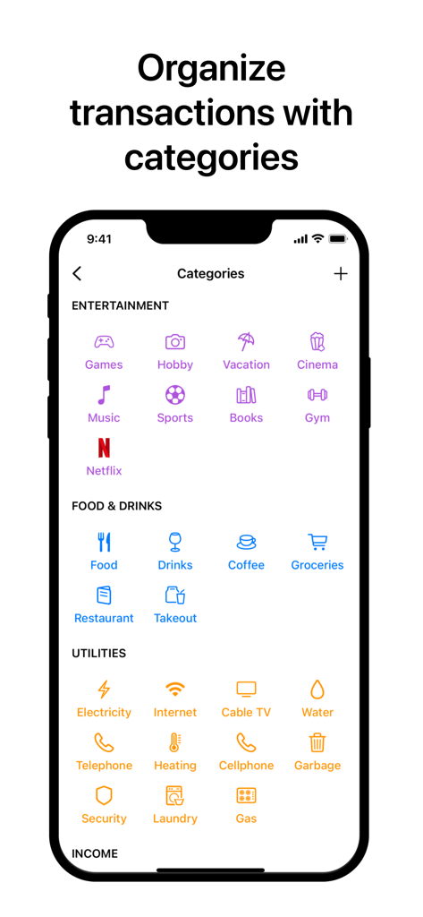 Simple‎ - Una pantalla minimalista de aplicación móvil que muestra categorías de transacciones organizadas para entretenimiento, comida y servicios públicos con íconos coloridos.