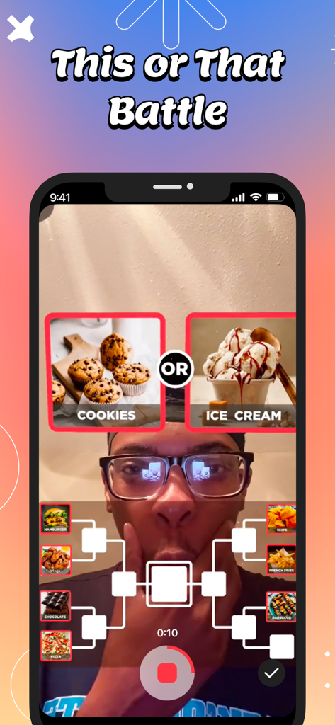 This or That: Filter Challenge - Captura de pantalla de una aplicación móvil que muestra una batalla Esto o Lo Otro entre galletas y helado con una superposición de cuadro de torneo.