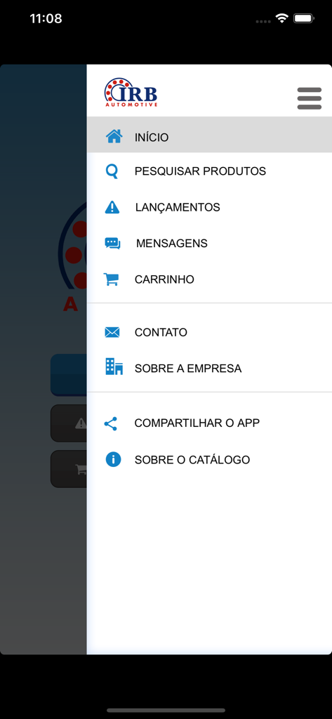 Menu de navegação lateral do aplicativo IRB Automotive Catalog mostrando pesquisa de produtos, lançamentos e opções de carrinho.