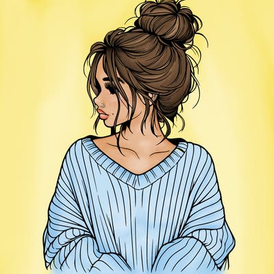 realistic girl wearing a messy bun and an oversized sweater