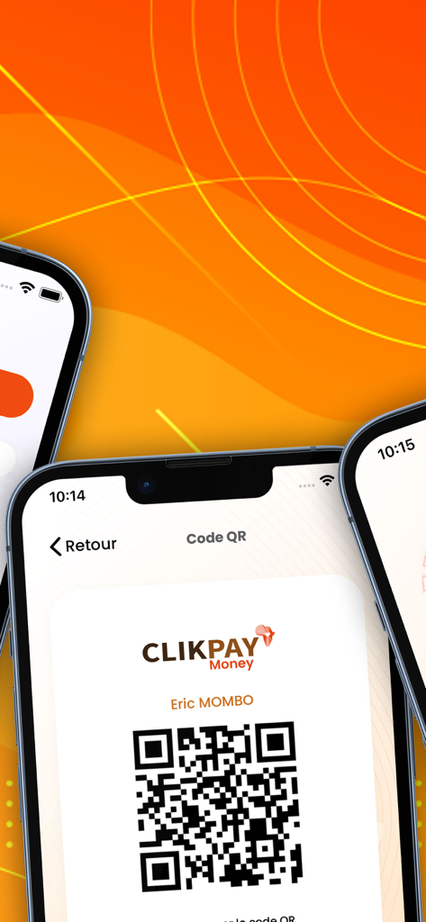 Interface de l'application mobile CLIKPAY Money affichant un code QR personnel pour des paiements et transferts sécurisés.