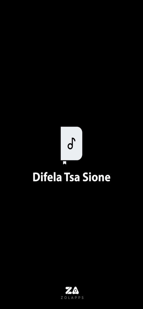Splash screen of the Difela Tsa Sione app featuring a book icon with a musical note on a black background