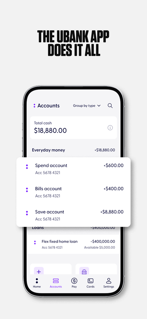 Ubank mobile app interface showing various bank account balances including spend bills and savings