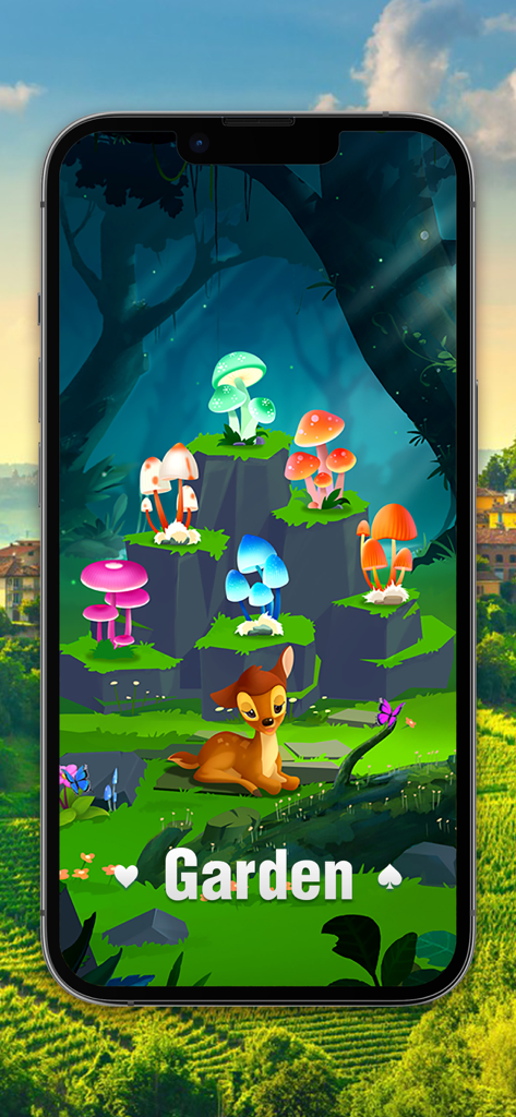 Spider Solitaire game screen showing a zen garden with a cute deer and colorful glowing mushrooms