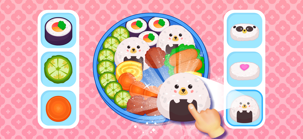 Sushi Maker—Kids Cooking Games - A child's hand placing a cute panda rice ball onto a sushi platter in a cooking game for kids