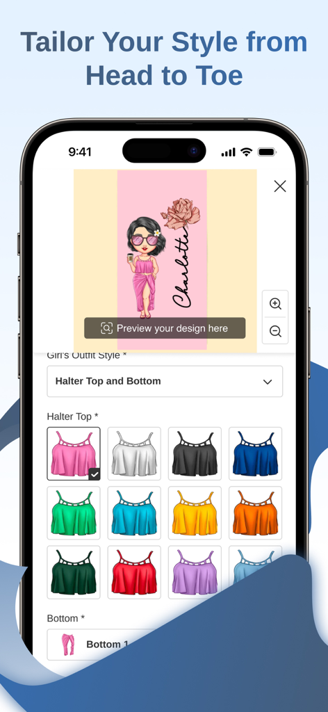 Callie app interface showing options to customize a character outfit for a personalized gift