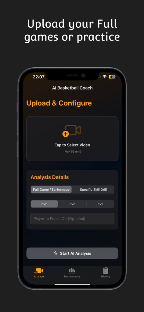 Hooper AI: Basketball Coach - Hooper AI Mobile App-Oberfläche zum Hochladen von Basketball-Spielmaterial und Konfigurieren von Analyse-Einstellungen.