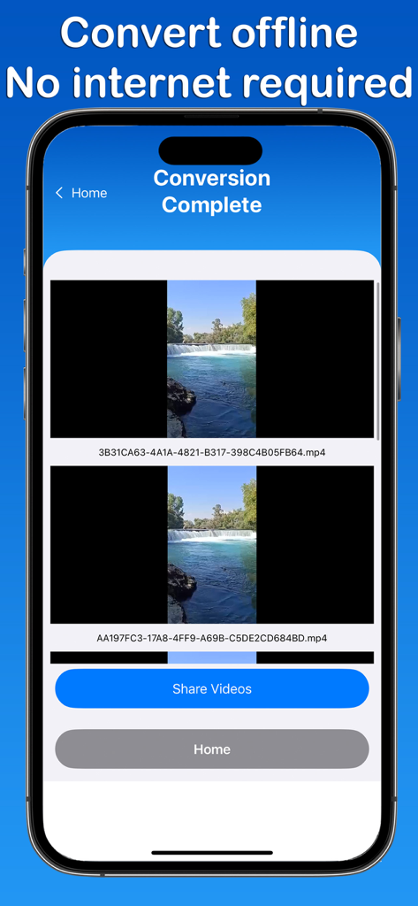 AVI to MP4 Converter - App screen showing successful offline video conversion to MP4 format with share options