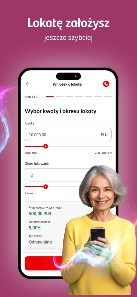 Santander Consumer Bank - Santander Consumer Bank Mobile App-Oberfläche in polnischer Sprache, die ein Einzahlungsantragsformular mit Schiebereglern für Betrag und Laufzeit anzeigt