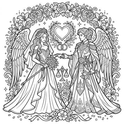 Step into a world where celestial beauty meets matrimonial bliss with this enchanting coloring page. Featuring two magnificent Angels of Justice in wedding attire, it's a unique blend of divine elegance and joyful celebration.