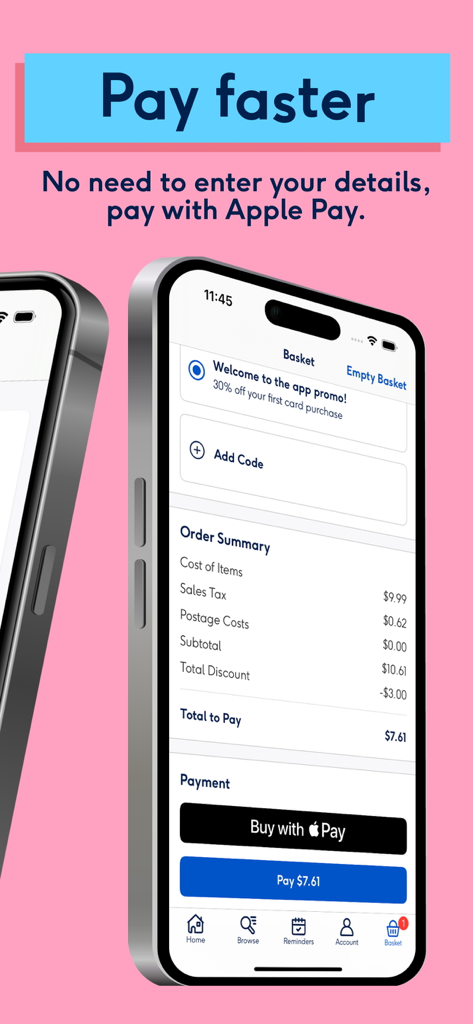 La schermata di checkout dell'app Moonpig evidenzia l'opzione di pagamento veloce tramite Apple Pay.