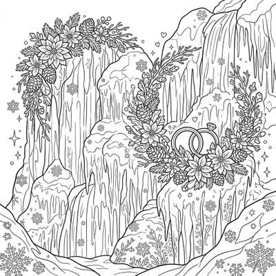 Immerse yourself in a magical winter wonderland with this unique coloring page featuring frozen waterfalls and elegant wedding rings. Perfect for celebrating special moments or enjoying a serene coloring escape.