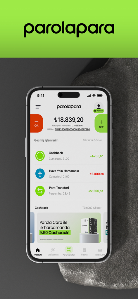 Parolapara: Para Gönder, Harca - Parolapara mobile app dashboard displaying account balance and transaction history