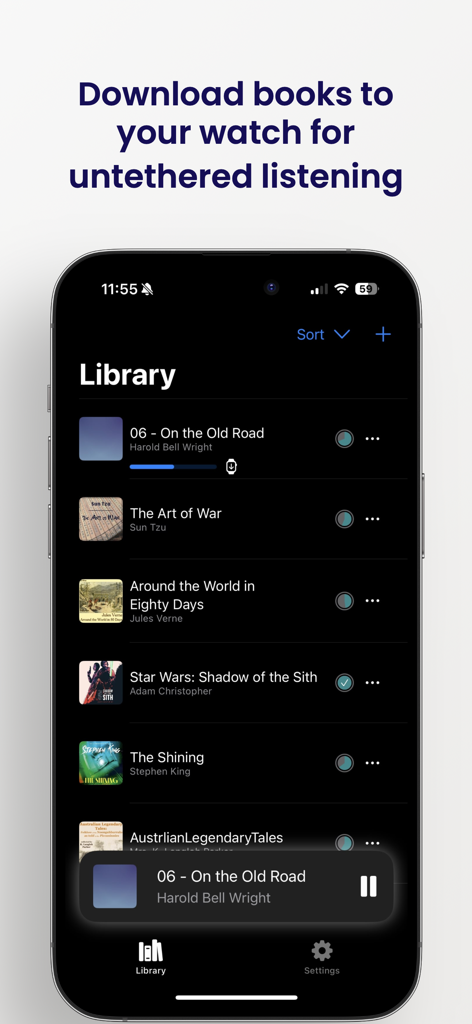 Booken app interface showing a list of audiobooks and the feature to download them to an Apple Watch