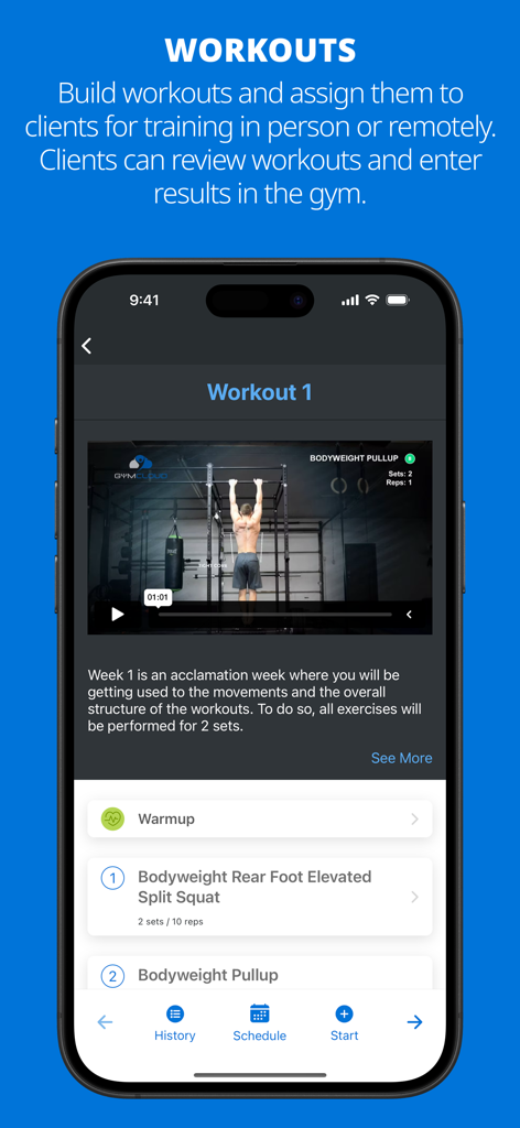 Training App (by GymCloud) - Interface do Training App GymCloud exibindo um vídeo de treino e uma lista de exercícios para uma sessão de fitness guiada.