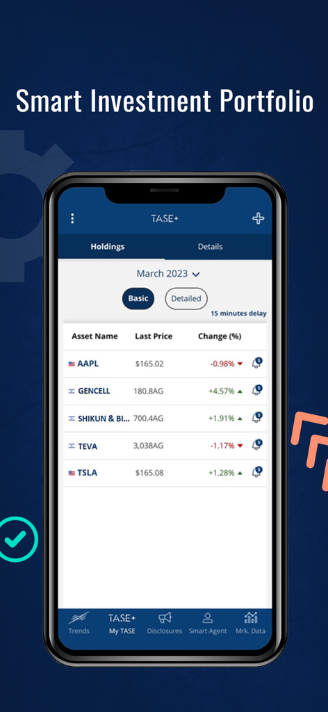 Tel Aviv Stock Exchange (TASE) - The TASE plus mobile app interface showing a smart investment portfolio with asset holdings and price changes.