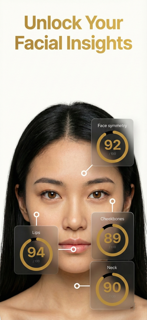 BlackPill: Look Your Best - AI facial metrics analysis interface showing scores for symmetry and facial features