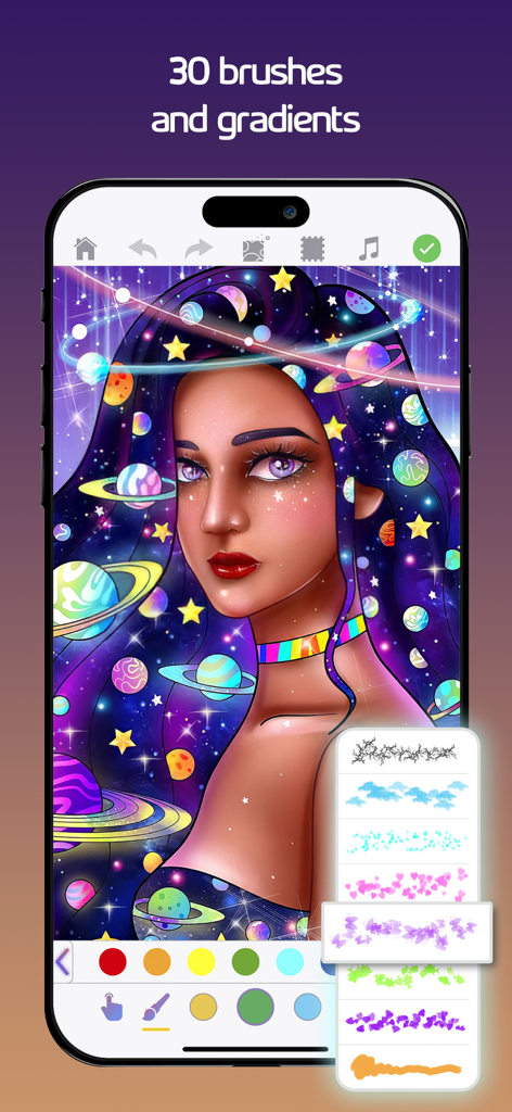 ColorRing・Adult Coloring Book - Adult coloring book app interface with a galaxy art portrait and brush selection menu.