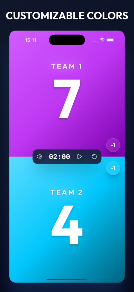 Scoard: Scoreboard & Points - Digital scoreboard app interface featuring customizable purple and blue team colors with a 7 to 4 score and timer.