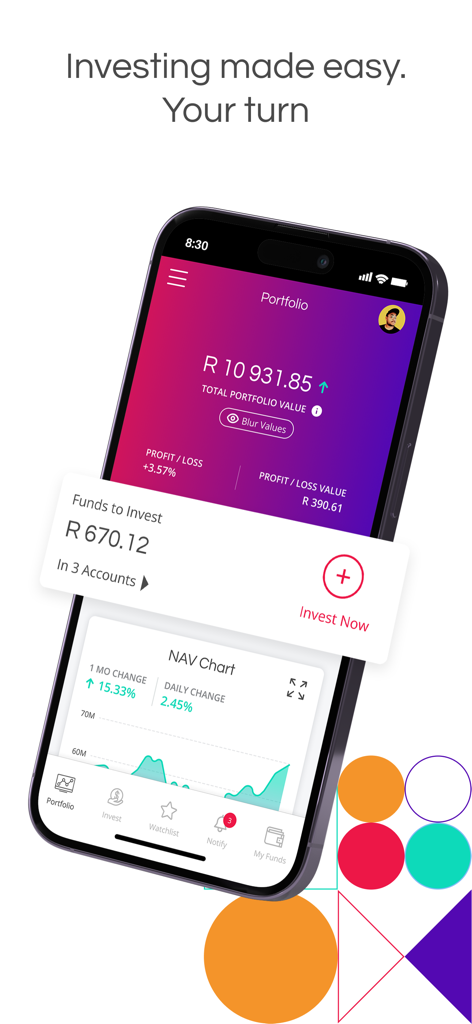 Interfaz móvil de EasyEquities que muestra el saldo de la cartera y el gráfico de rendimiento de la inversión
