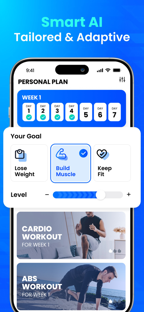 Smartphone screen displaying a personalized AI workout plan with goal selection for building muscle and losing weight