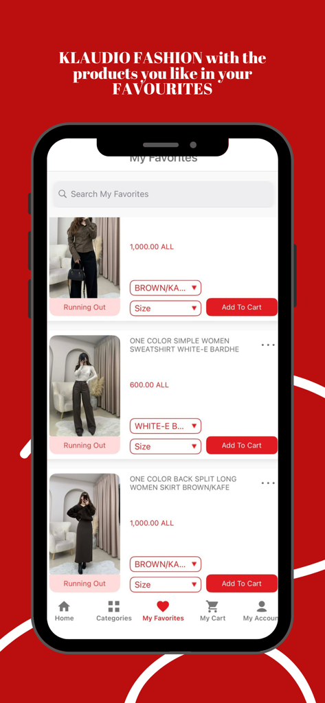Klaudio Fashion - My Favorites screen in the Klaudio Fashion boutique app showing saved clothing items.