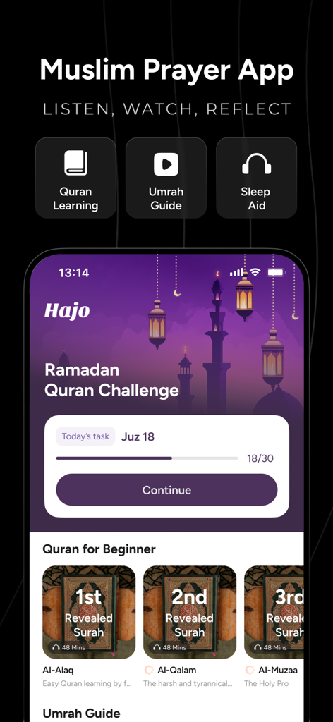 Dashboard dell'app Hajo Muslim Prayer con una Sfida Corano per il Ramadan e lezioni per principianti sul Corano.