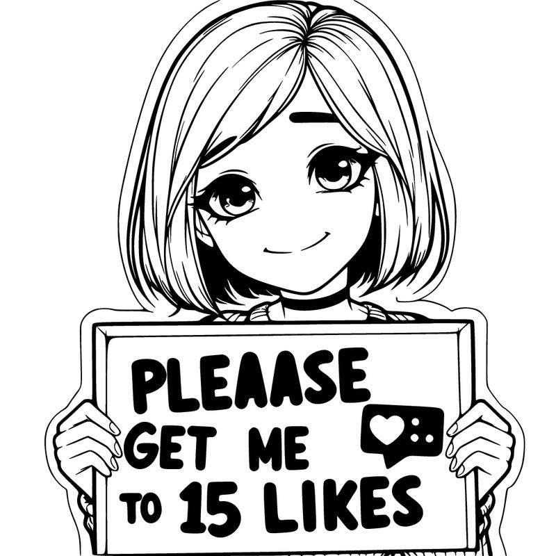 realistic girl holding up a sign that says please get me to 15 likes