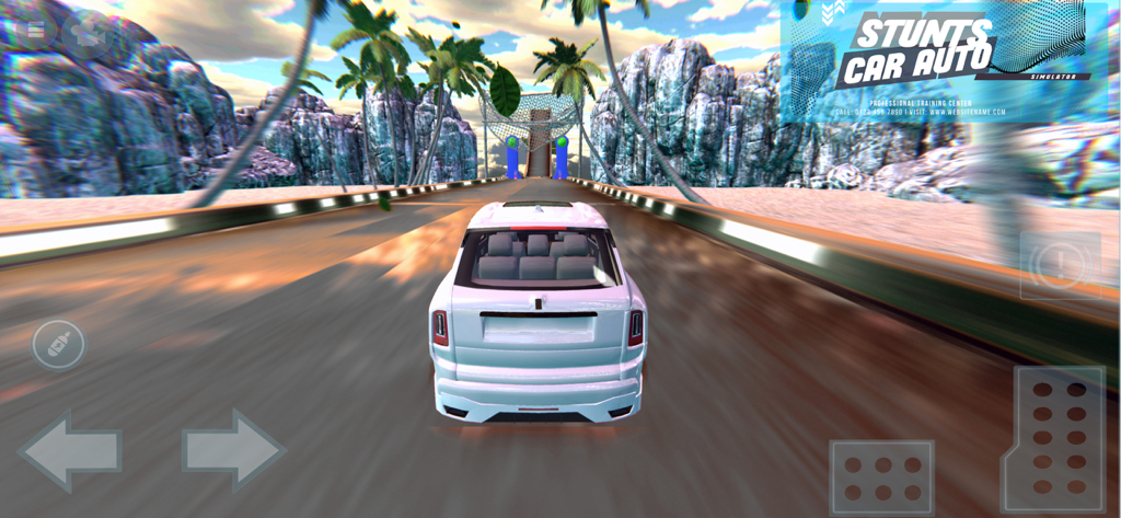 Car Crash City Tourism - A white SUV driving on a tropical road with palm trees and rocky cliffs in the game Stunts Car Auto.