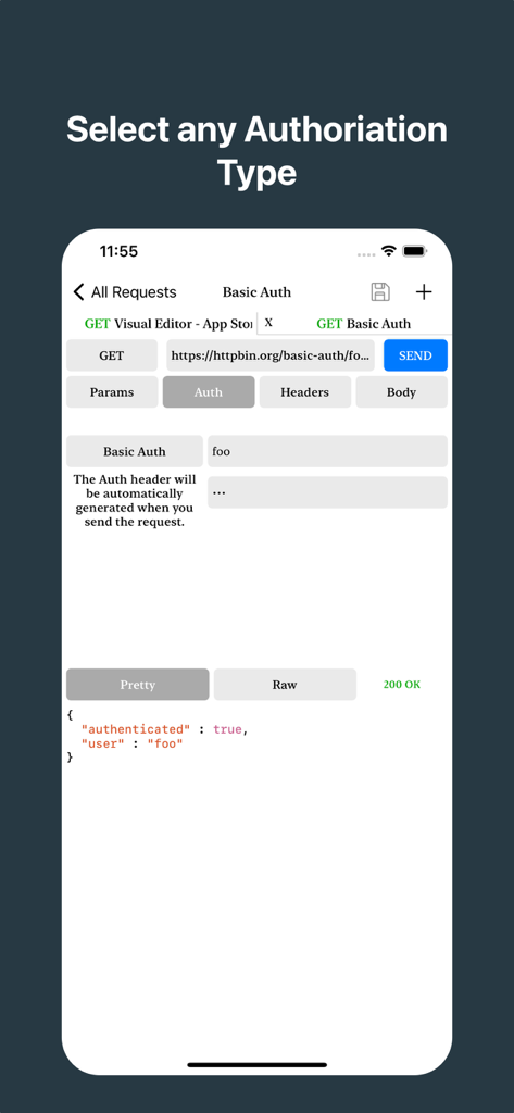 REST API Clientアプリのインターフェースに、基本的な認証設定とJSONレスポンスが表示されています