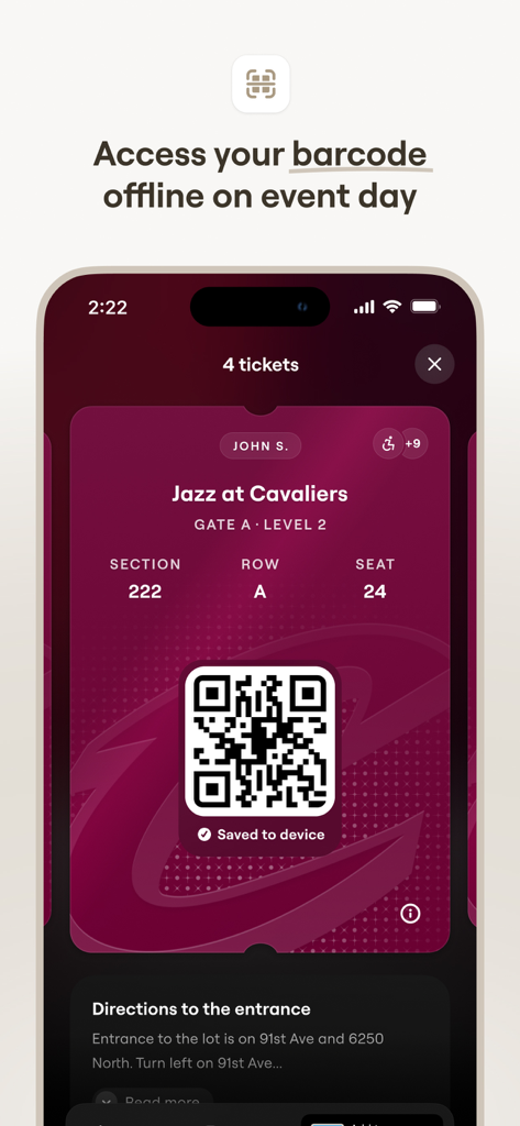 SeatGeek - Buy Event Tickets - SeatGeek app screen showing a digital ticket for a basketball game with an offline barcode and directions to the entrance