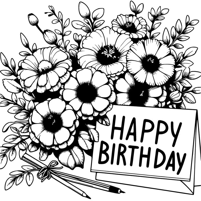 realistic flowers with a card saying happy birthday