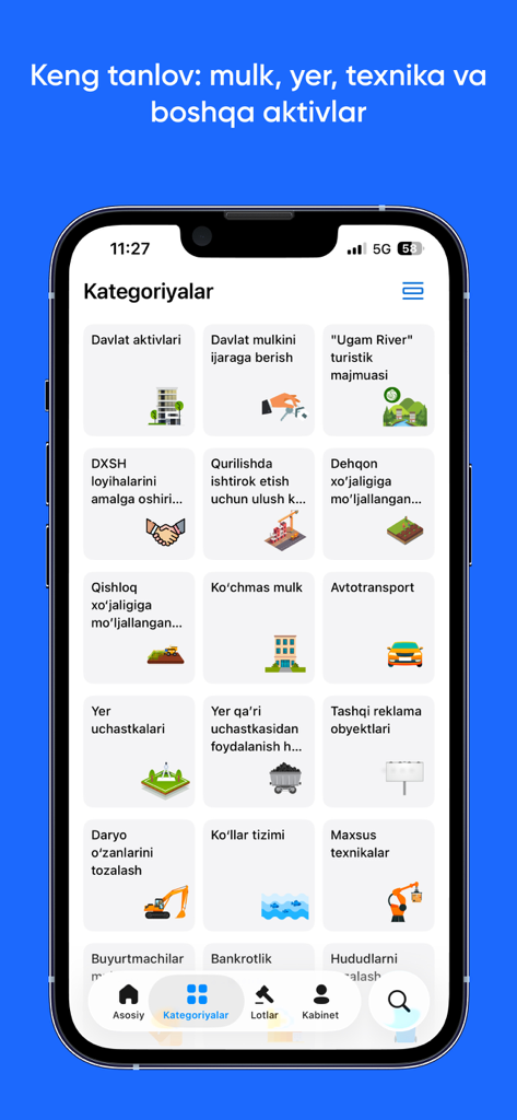 e-auksion - Captura de tela da página de categorias do aplicativo e-auksion mostrando vários tipos de leilões de investimento e imóveis.