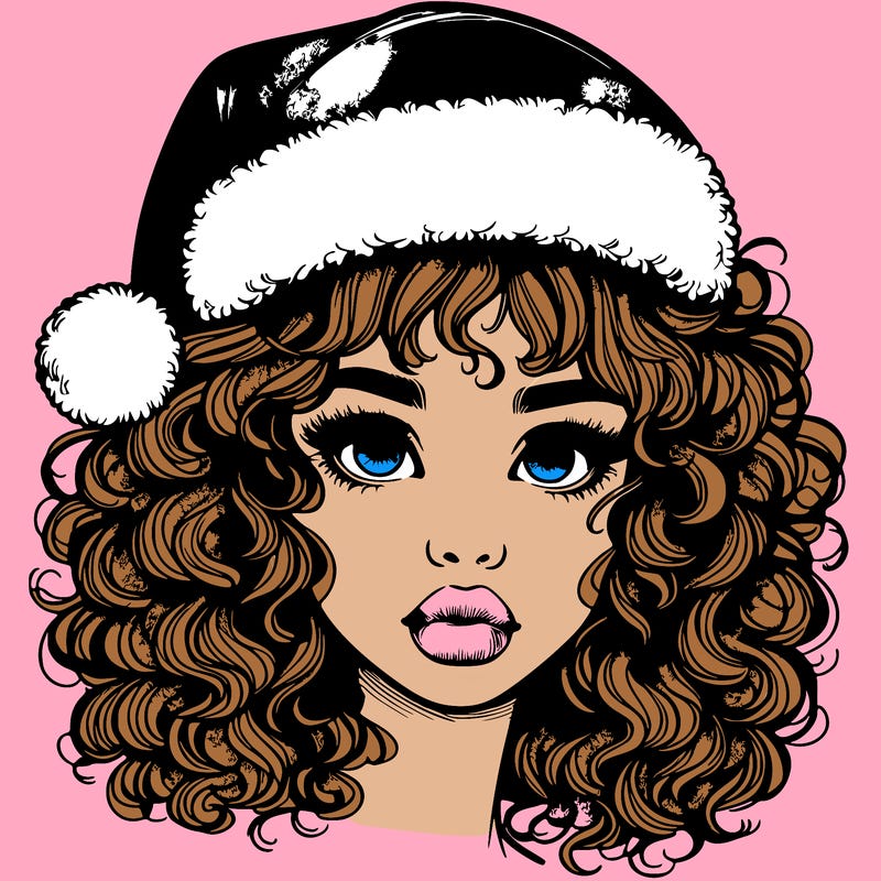 realistic girl with a santa hat curly hair and lips