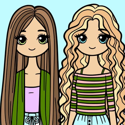 two girls with long straight hair and one with curls