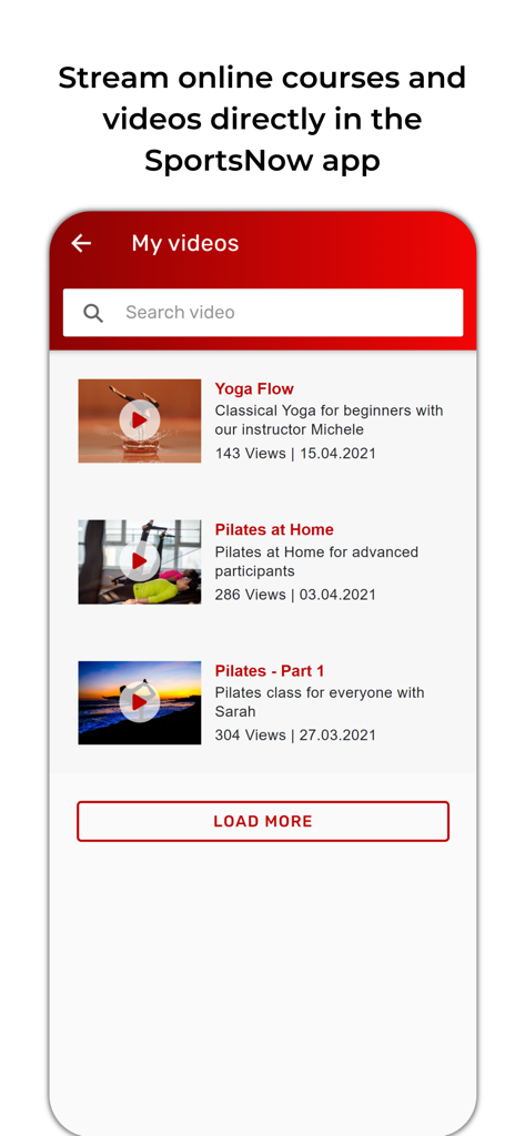 SportsNow app interface showing a list of online fitness videos including Yoga and Pilates classes