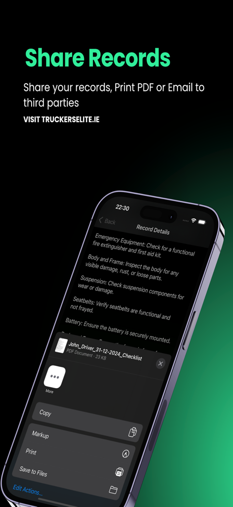 WalkAround Checks app interface for sharing and printing vehicle inspection PDF reports